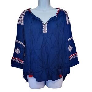 LOFT Womens Split Neck Boho Tunic Size S Blue Red Embroidered Tasseled Top